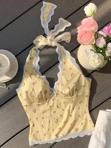 Comfortcana Women's Sexy Ditsy Floral Contrast Lace Backless Tie-Back Camisole, Summer Holiday Style