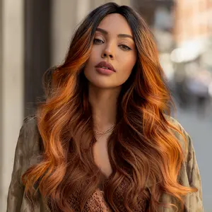 SMILCO/24Inch Highlight Burgundy with Orange Medium Curly Synthetic Wig/SM375 Natural Looking Wigs Blonde Wig