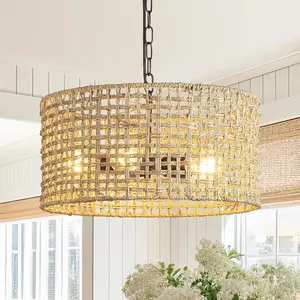 17.7" Rattan Dining Room Light fixtures, 5-Light Hand Woven Boho Chandelier Hanging Ceiling Light for Kitchen Island Living Room
