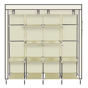 67" Clothes Closet Portable Wardrobe Clothes Storage Rack 12 Shelves 4 Side Pockets Beige