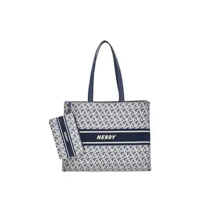 NERDY Monogram Jacquard Tote Bag with Large Capacity, Polyester, Unisex Couple Style in Navy Blue Quilted Bag Lightweight Tote Bag