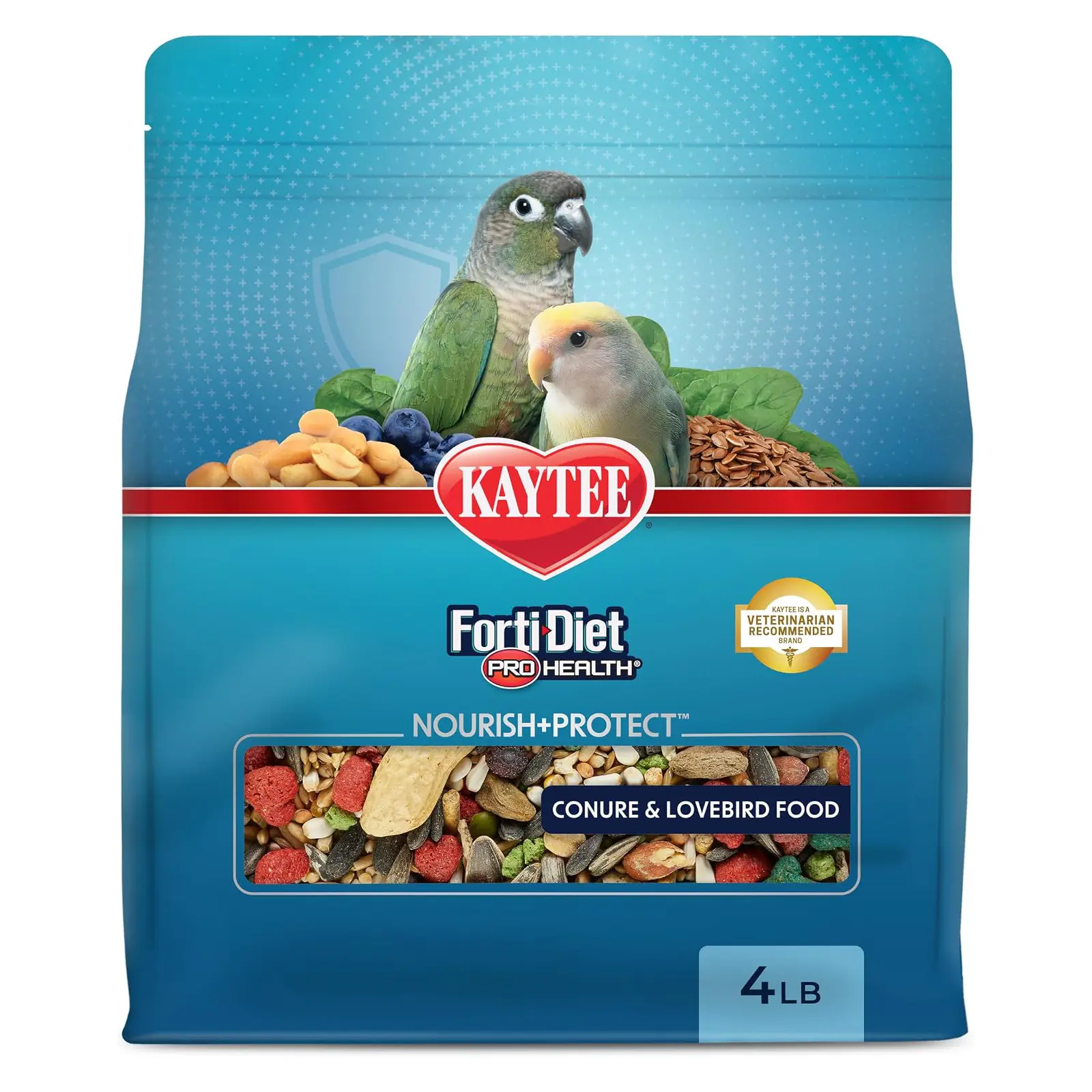 Kaytee Forti-Diet Pro Health Nourish+Protect Conure & Lovebird Food, 4 lb Balanced digestion. Conure food with prebiotics and probiotics. Parrot food, antioxidants, omega-3s