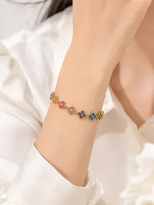 Colorful Four-Leaf Clover Crystal Bracelet for Women, PVD 18K Gold Plated Stainless Steel Bracelet, Adjustable Flower Charm Bracelet, Lightweight Luxury Jewelry Gift