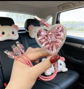 3-in-1 Bling Pink Heart Diamond Charger Cable with Sparkling Crystal Design Portable Stylish Phone Accessory for All Devices