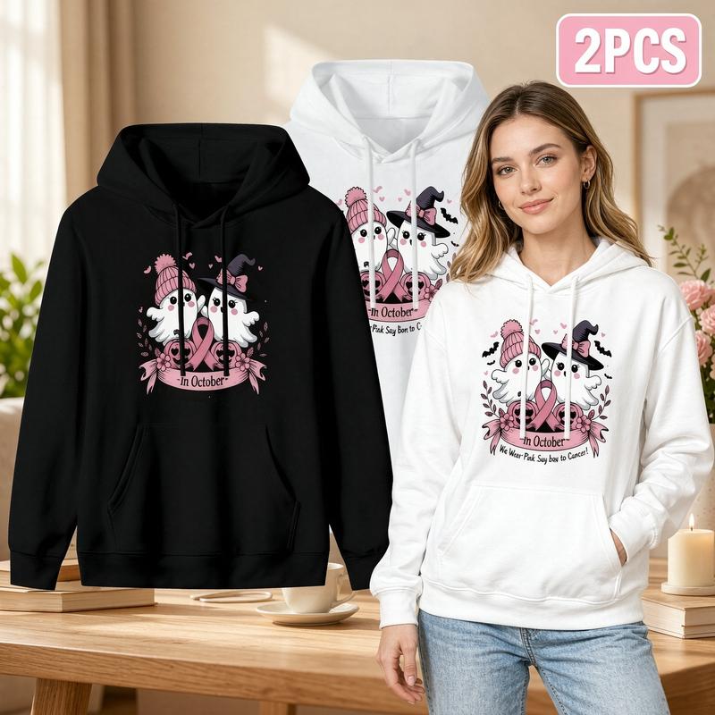 Women's 2-Pack Breast Cancer Awareness Hoodies with Pockets - Pink Cute Ghost Graphic Casual Fitted Lady Tops for Women, Soft Everyday Fall Winter Spooky Season Survivor Support Gifts