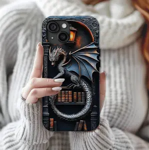 Black Bookish Dragon Phone Case, Fantasy Bookshelf Design, Magical Library Case for iP, - Case for iP 17 16 15 14 13 12 11