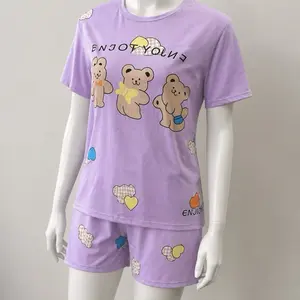 Womenswear Pajamas 2 Piece Set - Purple Bear Design Loungewear Nightwear for Comfortable Sleep