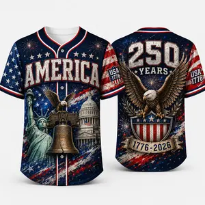 2026 USA 250 Navy Button Down Baseball Jersey for Men, America Eagle Bell Capitol Statue Graphic, 250 Years Anniversary Back Print, Red White Blue Patriotic Short Sleeve Baseball Top for July 4th Game Day Party