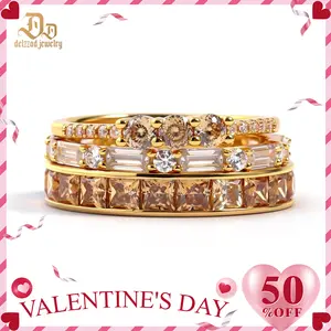 Delzzad Eternal Trinity Harmony Set Vintage Ring Band Champagne Stacking Ring Synthetic Moissanite Ring Jewelry S925 Dainty Jewelry Perfect Birthday Engagement Wedding Anniversary Christmas Valentine's Day Gift