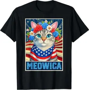Funny 4th Of July Meowica Kitty Cat American Flag Flower T-Shirt