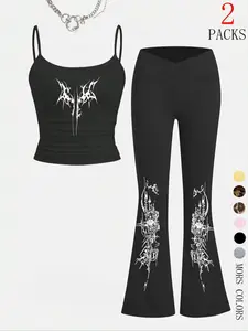 Women's Two-Piece Set, Sleeveless Top & Slim Fit Bell Pants, Casual Streetwear, Womenswear, Perfect for Daily Wear, Party, Camping, School