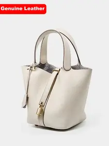Fashion Genuine Leather Handbags Versatile Bucket Bag Mobile Phone Bag Female Lychee-grain Cowhide Top-handle Bags, Bag for Laides, Shopping, Causal, Handheld Bag Purse