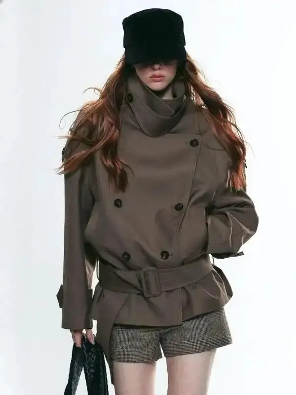 French Vintage Turtleneck Overcoats Women Trench Coats 2000s American Retro Tops Outwear Long Sleeve Slim Warm Jackets Chic
