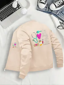 Women's Casual Zipper Jacket, She Works Willingly Print, Fitted Style, All Seasons Wear, Fashionable Ladies Outerwear