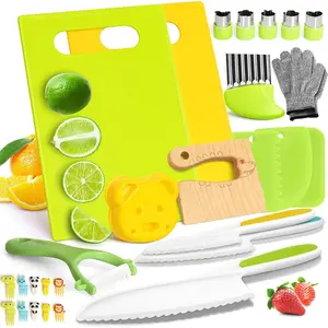 28PCS Knife Set - Kids Knifes for Real Cooking, Montessori Kids Kitchen Knife Set with Cutting Board Crinkle Cutters Kid Safe Knives, Kitchen Tools  Old Girl Boy, Kitchen Supplies,summervibes