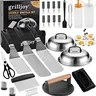 Grilljoy 38PCS Heavy Duty Stainless Steel Classic Flat Top Grill Utensils Set for Outdoor Kitchen - Thick Spatula, Barbecue Turner, Flipper, Smash Burger Press, S-hook, Basting Bottle Duo, Heat-resistant, Carry Bag, Christmas Gift Idea