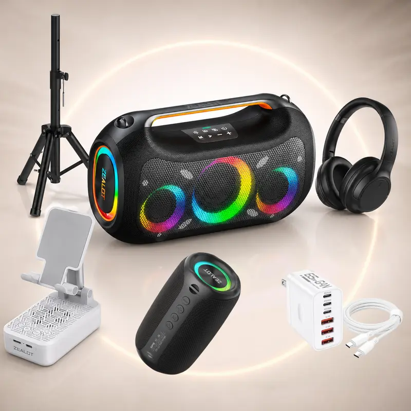 ZEALOT ZE51 Ultimate Audio Bundle – Bluetooth Speaker, Z7 Phone Stand Speaker, M2 Speaker, B39 Headphones, 65W Charger & Speaker Stand