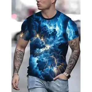 Men'S Thunder Cloud & Lightning Graphic Tee - Full-body 3D Print Shirt with Electric Blue Sky Design, Durable Polyester Fabric for Costume Parties, Cosplay, Everyday Casual Outfits - Bold Statement T-Shirt for Stormy Weather Themes, Cosplay Outfit