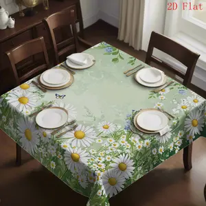 1 Daisy and Butterfly Printed Square Tablecloth - Light Green Polyester Fabric with White Daisies, Blue Bell Flowers, and Butterflies, Perfect for Kitchen, Dining, and Picnic Decorations