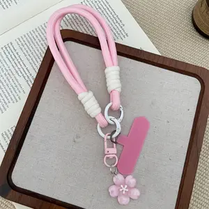 1PC Cute Sakura Flower Phone Wrist Strap Lanyard, Detachable Braided Hand Strap with Tether Pad, Universal Anti-Lost Phone Charm for Phone Cases, Trendy Aesthetic Handheld Bracelet for Women & Men, Portable Anti-Drop Wristband for DIY Phone Accessories