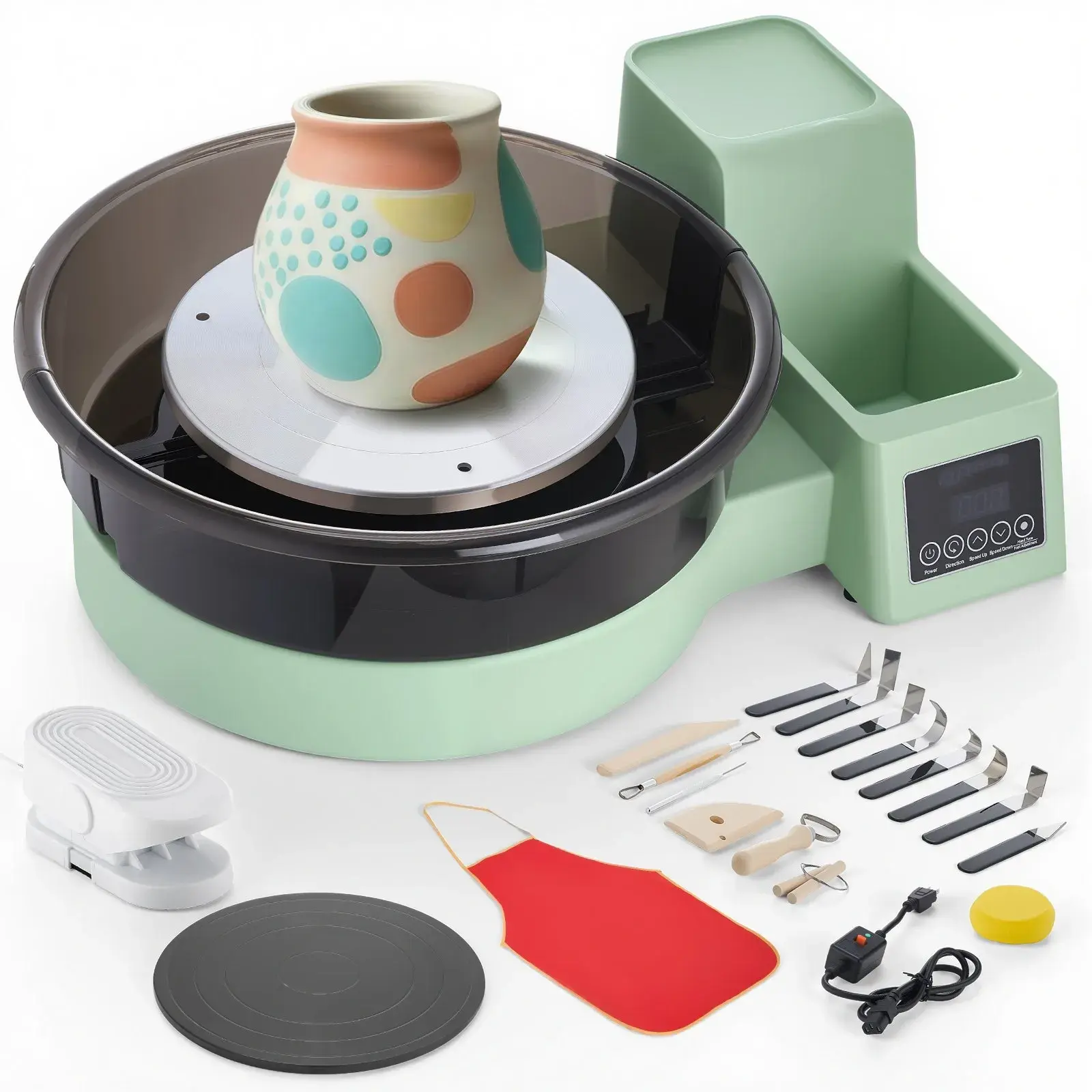 Pottery Wheel for Adults, 14" and 11" Turntables, 450W Electric Table Top Pottery Wheel with Foot Pedal, 30-300 RPM Adjustable Speed, Detachable Basin, for Beginners, DIY Clay Art Craft, Green
