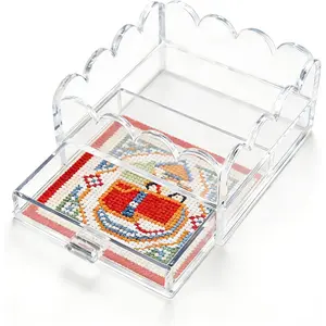 Clear Acrylic Trays for Needlepoint with Insert Drawer 4" x 4", Small Scalloped Acrylic Tray Organizer for Photos, Art, Napkin, Fabric, Messages Display Basket