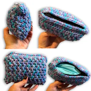 Blue Purple Multi Print Crocheted Stash Bag - Durable Padded Storage for Handmade Items - Compact 5x7 Dime Bag