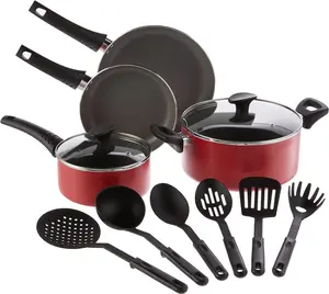 Cookware Set, 12 Piece Pots and Pans with Utensils, Nonstick Scratch Resistant Cooking Surface Compatible with All Stoves, Nylon and Aluminum, Red