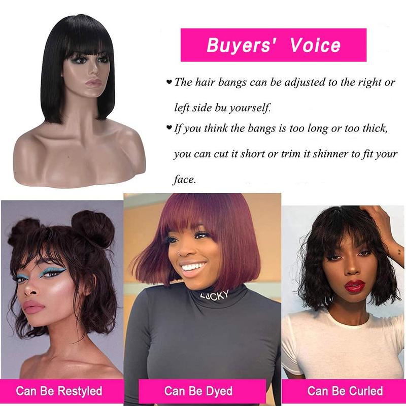 Short Bob Wigs Human Hair 8 Inch Glueless Wear and Go Bob Wig With Bangs Human Hair Wigs for Black Women Human Hair Brazilian Straight Hair None Lace Front Natural Black Wig