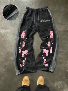 Y2K Acid Wash Baggy Sweatpants with Cherry Blossom Graphic Print, High Street Grunge Wide Leg Trousers for Aesthetic Streetwear Outfits