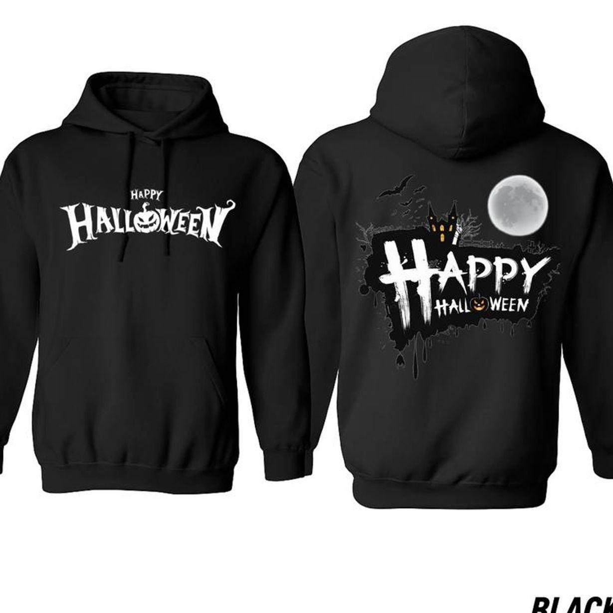 Happy Halloween Hoodie, Haunted House & Full Moon Graphic Hoodie, Trendy Halloween Graphic Hoodie, Casual Outfit, Comfortable Menswear & Womenswear Top, Gifts For Halloween, Sep23