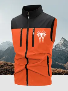 Men's Warm Vest Spider Print, Lightweight Insulated High Neck Windproof Jacket, Sleeveless Gilet Outdoor Layer with Zipper Pockets, Casual Lightweight Vest