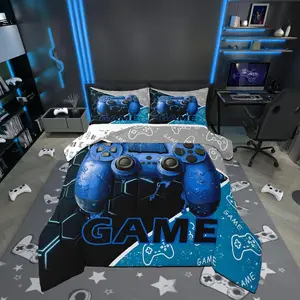 Gaming Boys Kids Comforter Set,Blue Video Game Consoles Gamepad Reversible Bedding Set,for Teens Bedroom,Geometric Honeycomb Gamer Room Decor Quilted Duvet Set