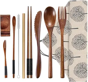 Wooden Utensil Flatware Set Reusable, 10 PCS Wooden Spoon and Fork Set Bamboo Flatware Set with Wooden Knife, Fork,Spoon, Chopsticks, Straws and Brush