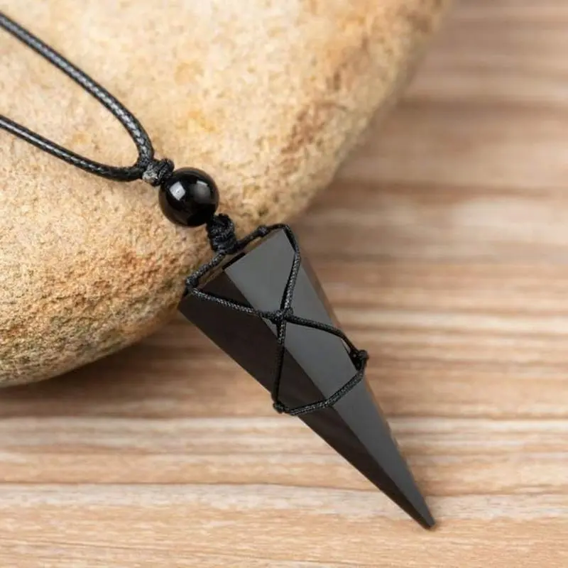 Natural Obsidian Black Gemstone Pendant Necklace, 24" Chain Wrap Style Adjustable Rope Necklace for Daily Wear (Sports & Outdoor Leisure Use)