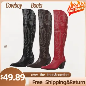Women's Square Toe Chunky Heel Western Embroidery Knee High Boot Chunky Heel Boots Fashion Cowboy Boots