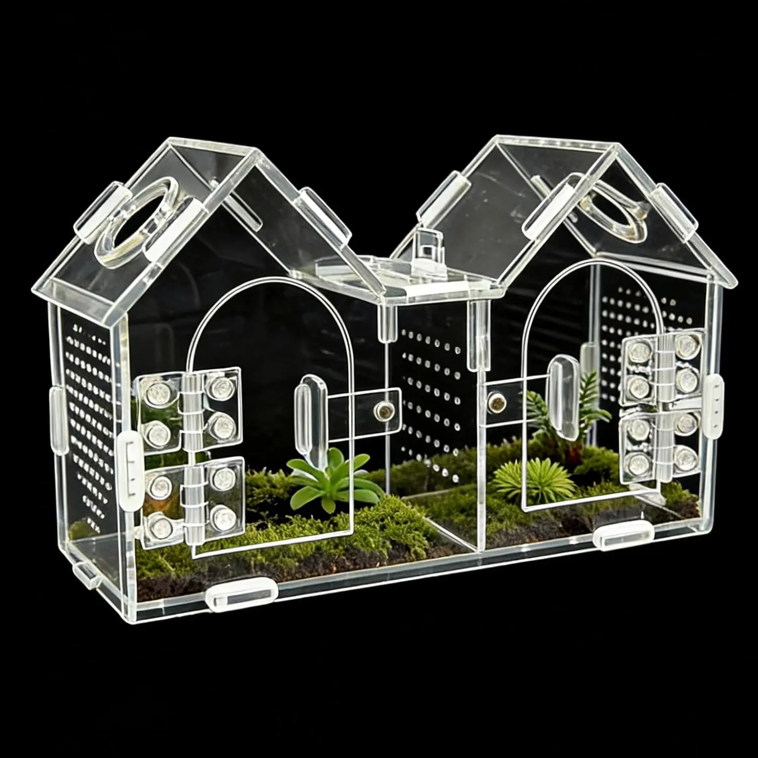 House-Shape Acrylic Jumping Spider Enclosure - Dual-Zone with Partition Divider, Dual Magnetic Doors, All-Side Ventilation, Easy Assembly, Escape Prevention, Healthy Environment Terrarium for Tarantulas (Beginner-Friendly Pet Supply)