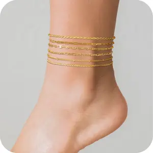 Tewiky 6PCS Gold Ankle Set For Women Waterproof-Dainty Link Chain Herringbone Cute Anklets Set Pack Summer Beach Jewelry Gift for Women Gift For Mother's Day