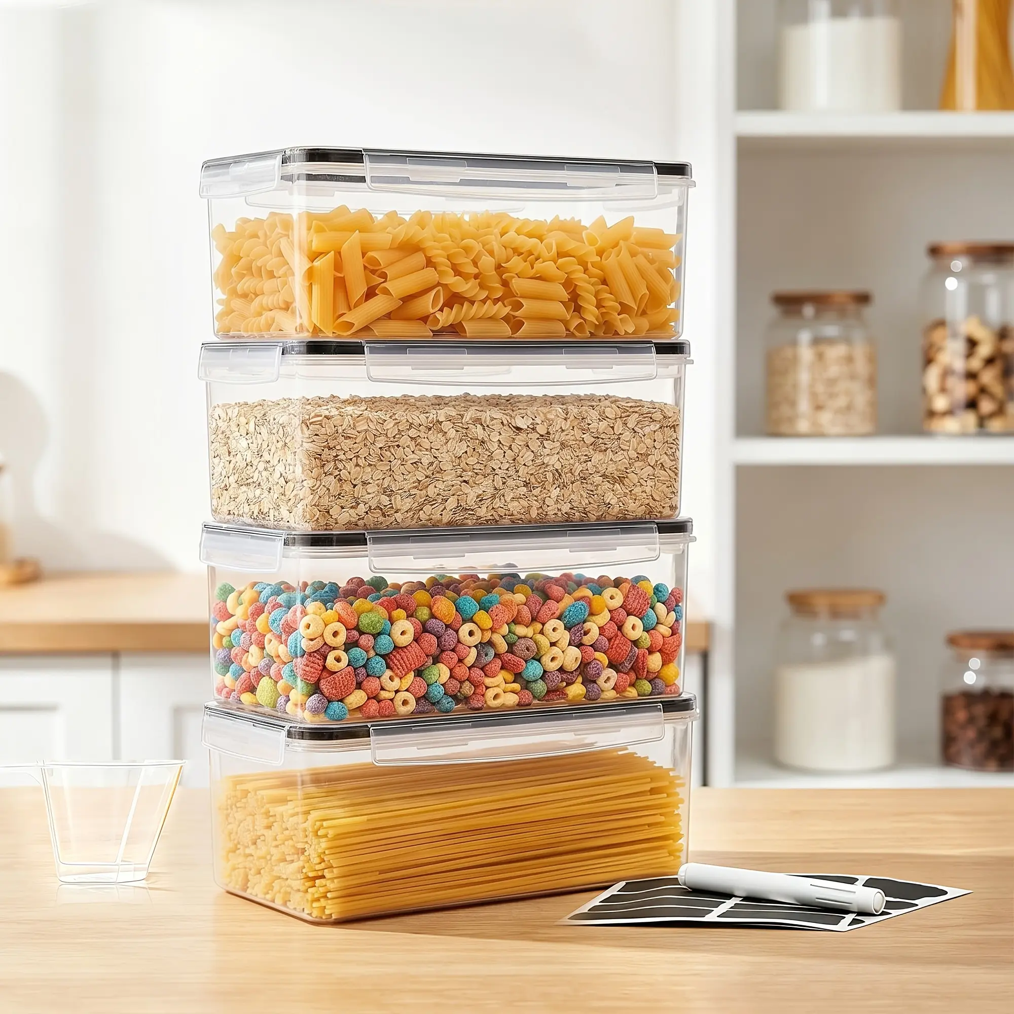 Airtight Food Storage Containers with Lids 4pcs Set 108.2oz, Plastic Spaghetti Container for Pasta Spaghetti Organizer, BPA Free Air Tight House Kitchen Pantry Organization And Storage