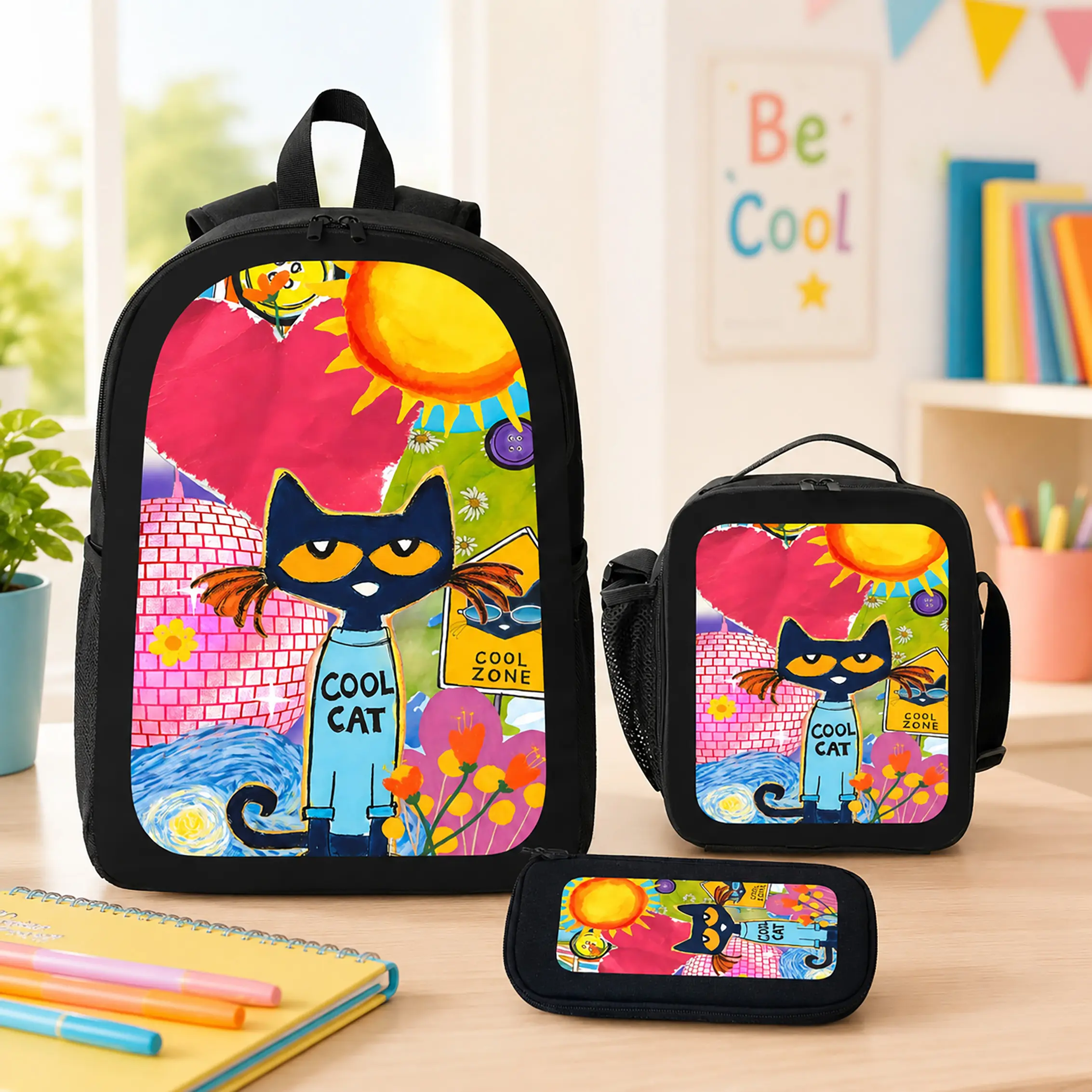 Pete The Cat Backpack Set Polyester 3 Piece Kids School Backpack Lunch Bag Pencil Case Large Capacity Lightweight Bookbag Cartoon Cat Print Back To School Travel Boys Girls Kids Teens Students Birthday Gift