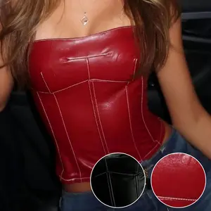 Elegance Flat-Chested Y2K Corset Top Wine Red PU Leather Lace Up Backless Seam Boned Shapewear Crop Tube Tops Sexy Daily Party Clubwear Festival Outfits For Women Piece Fabric Womenswear Burgundy Basic Polyester Sleeve Minimalist Short Sleeveless Chic