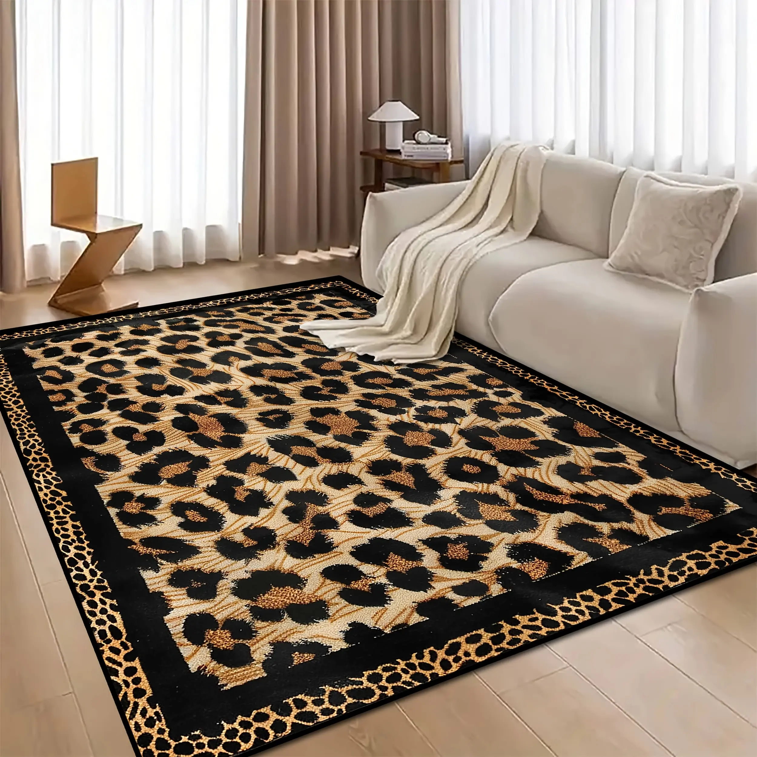 1pc Golden Flannel Area Rug - Retro Leopard Print Home Decorative Large Rug, Anti-Slip Stylish Minimalist Mat for Living Room, Easy-to-Clean Hotel Welcome & Entrance Hall Use, Home Decorative Rug