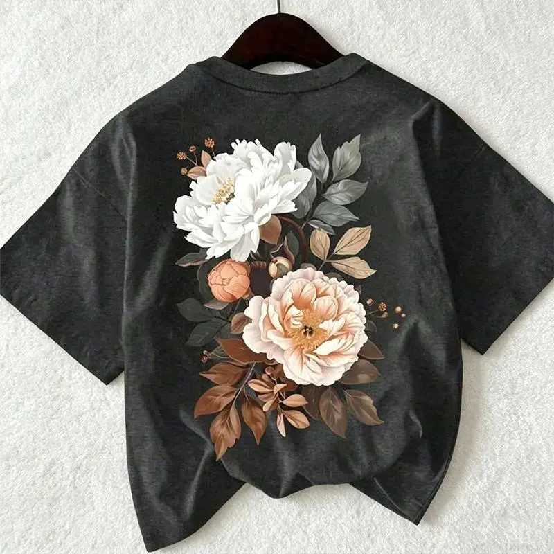Plus Size Cotton Graphic Tee Vintage Flower Print Shirt Retro Floral Aesthetic Streetwear Soft Breathable Short Sleeve Crewneck Casual Everyday Wear Relaxed Fit Trendy Summer Outfit Gift Idea