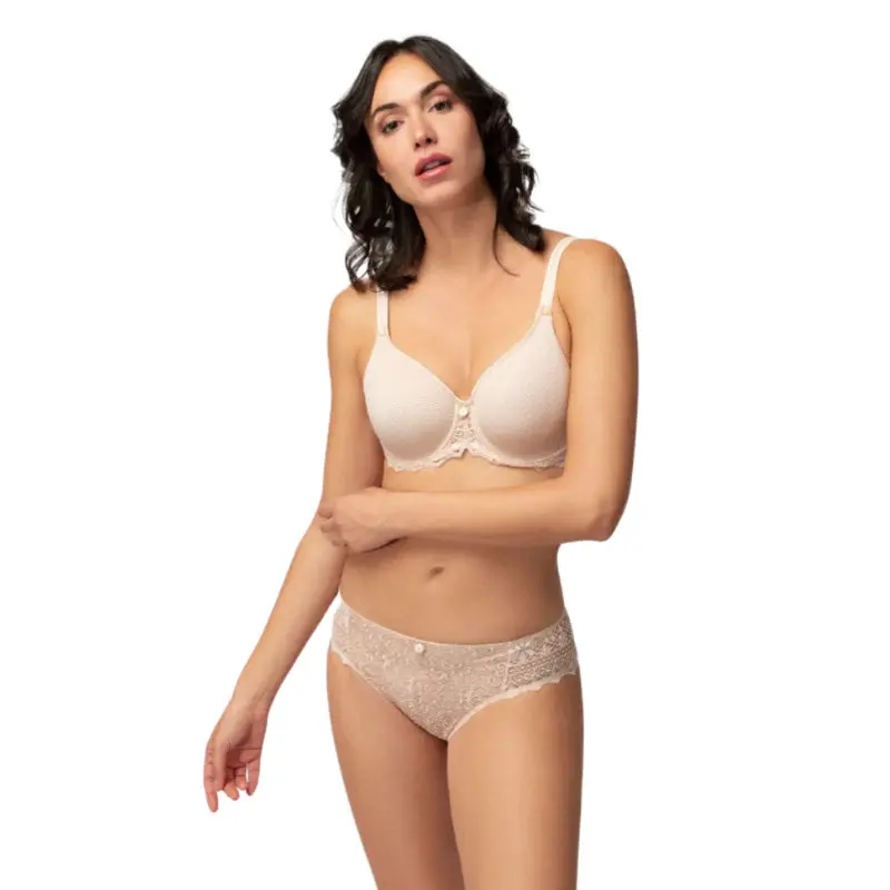 Women's Empreinte Cassiopee Foam Padded Molded Bra & Scallop Brief Set - Creamy Beige, Polyester-Elastane Fabric, Breathable Lace, Stylish Design, Panty, Matching, Style, Feminine Aesthetic, Lightly Lined, Thong, Second Skin, Lace Styles, Polyester Blend,