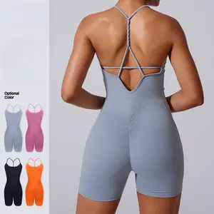 One-piece jumpsuit with twisted rope design, beautiful back, shorts, V-waist, pleated yoga jumpsuit for women