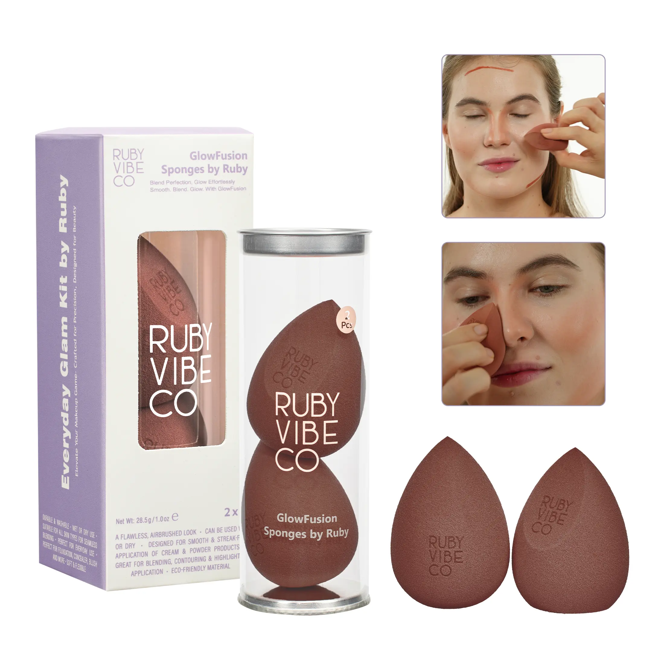 RUBY VIBE CO 2-Piece Blender Sponge, Latex-Free Makeup Sponges for Foundation, Crystal Velvet Makeup Blender for Wet & Dry Use, Foundation Sponge for Concealer, Blush, Contour & Powder