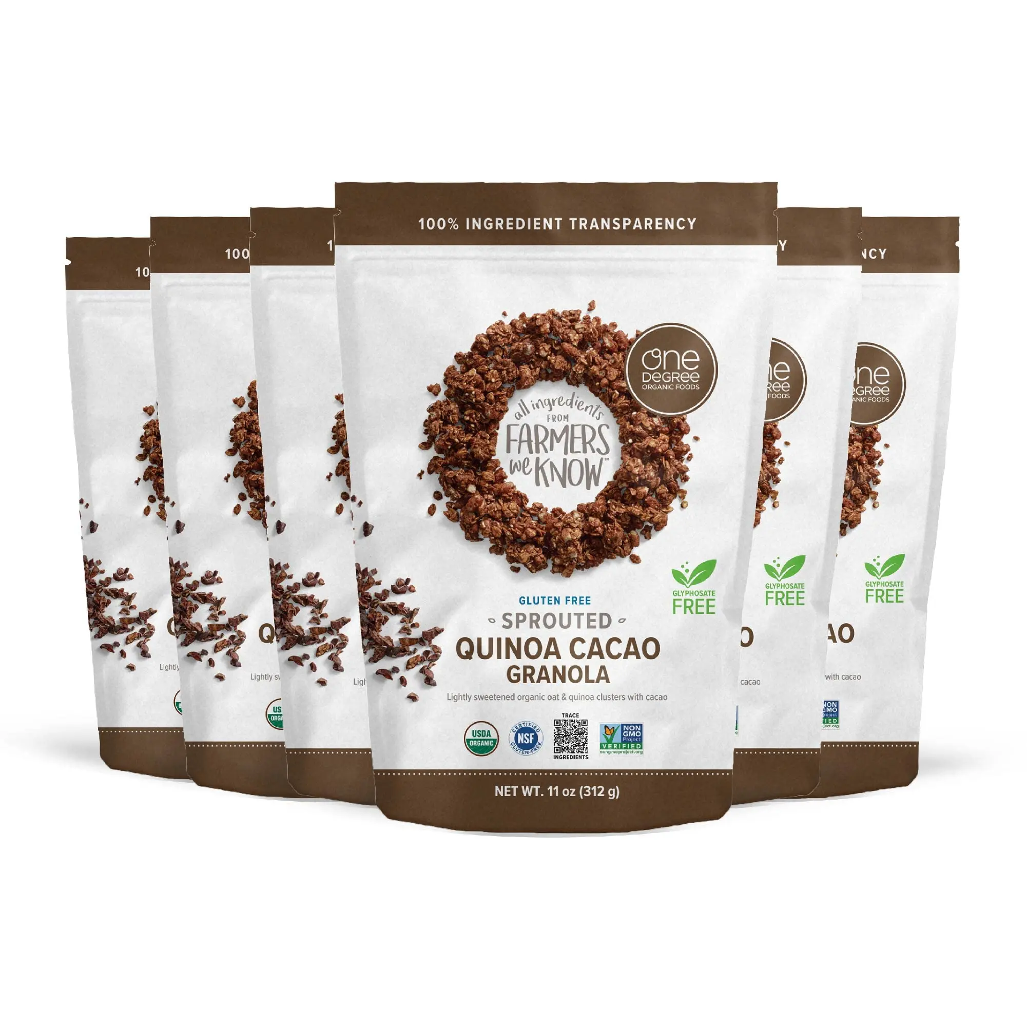 One Degree Organic Foods Sprouted Oat Quinoa Cacao Granola Gluten Free Vegan USDA Organic 11 oz