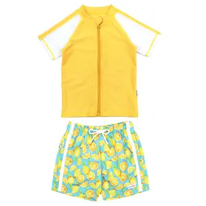 Boys Short Sleeve Zipper Rash Guard and Swim Trunk Set | "Lemons"