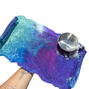 Mystical Resin Altar & Offering Tray with Crystals and Burn Bowl| Blue, Purple and Pink | Spiritual Witch Decor with Handles|Witchcraft