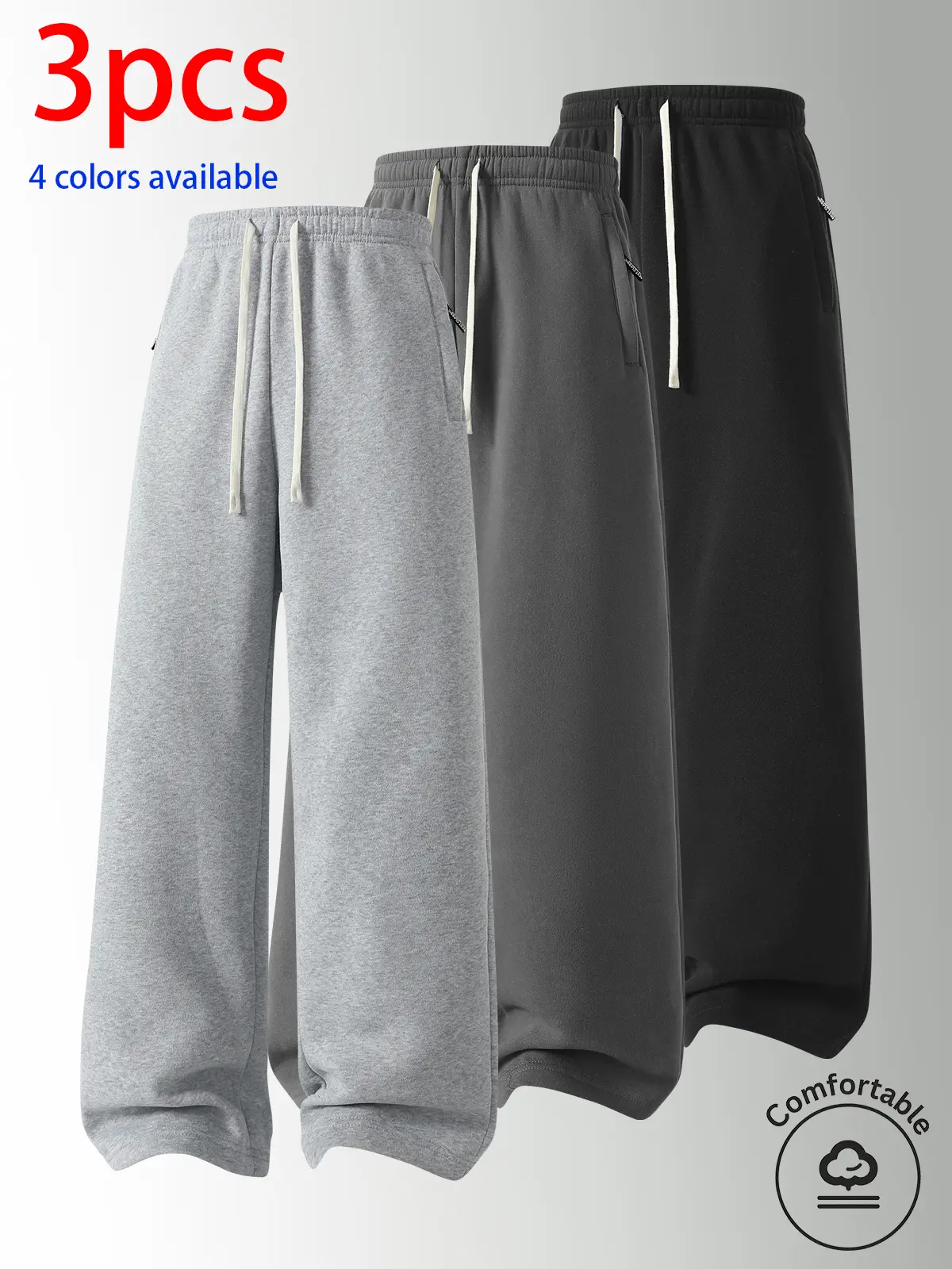 3-pack men’s long pants—casual men’s long pants, straight-leg men’s pants with an elastic waistband and a long drawstring; relaxed wide-leg straight-cut design that elongates the figure vertically; suitable for commuting, campus, sports, and casual wear;